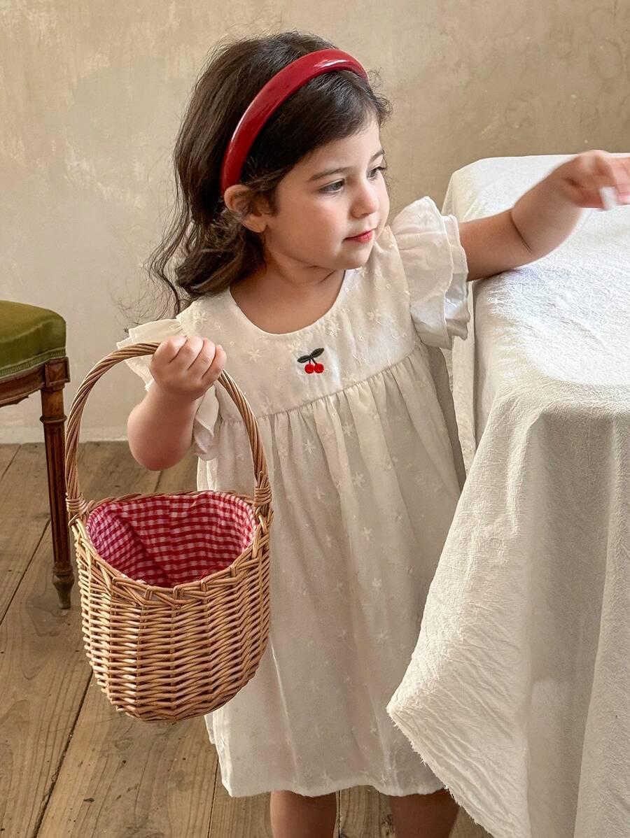 SHEIN Vestito da bambina casual con fiori ricamati a doppio strato e maniche a 3/4, per primavera/estate