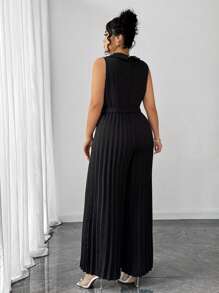 Elenzga Plus Size Women Lapel Neck Sleeveless Cinched Waist Pleated Wide Leg Jumpsuit