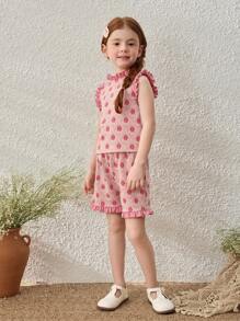 Blossori Young Girls Spring/Summer French Elegant Geometric Floral Pattern Knit Top And Shorts Set - Multicolor - View 4