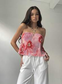 Aloruh Women Elegant Floral Print Bandeau Top, Summer