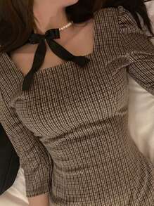 DAZY Kvinnor Pläd Långärmad Slim Fit Fashionabla miniklänning - Kaffe - Visa 1