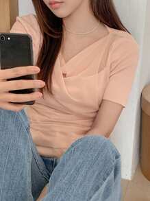 DAZY Women's Chiffon Draped Neck Ruched Waist Short Sleeve Pink Knit Top For Summer - Pink - View 8