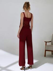 SHEIN Cottnline Beige Two-Piece Knitted Set With Ribbed Pants And Crochet Patterned Top, Lightweight Fabric For A Cozy And Stylish Look - Red - View 2