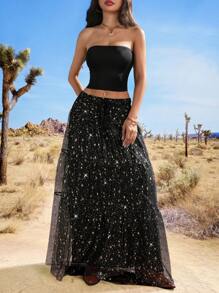 SHEIN EZwear مجموعة من 2 قطعة للنساء مكونة من توب بلا أحزمة مع طباعة معدنية وتنورة شبكية لأوقات العطلات - الأسود - مشاهدة 4