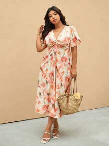 Elaquor 夏季大码花卉印花扭纹设计 V 领短袖连衣裙