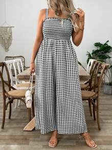 SHEIN Clasi Plus Size Plaid Printed Sleeveless Jumpsuit, Summer Resort Style - Black - View 6