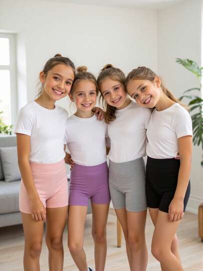 Sparklyn 女童 4 件套 4 色组合（浅粉色、紫色、黑色、灰色）舒适短款夏季度假紧身裤