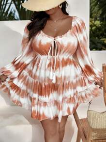 Flirla Vestido con manga linterna, frente anudado y estampado tie-dye para mujer talla grande - Caqui - Ver 3