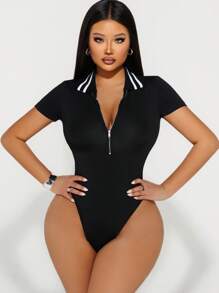 Women Striped Zip-Up Half-Placket Short Sleeve Casual Bodysuit - Black - View 6
