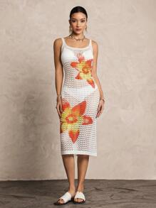 SHEIN Swim Women Elegant Resort Style Lily Flower Knitted Cover Up Dress, Wedding Season, Summer Beach Vacation - White - View 7