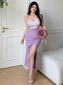 DAZY 女士优雅拼接撞色高开衩吊带连衣裙 舞会礼服 优雅吊带裙 婚纱 女士连衣裙 长款连衣裙 - 淡紫色 - 查看 3