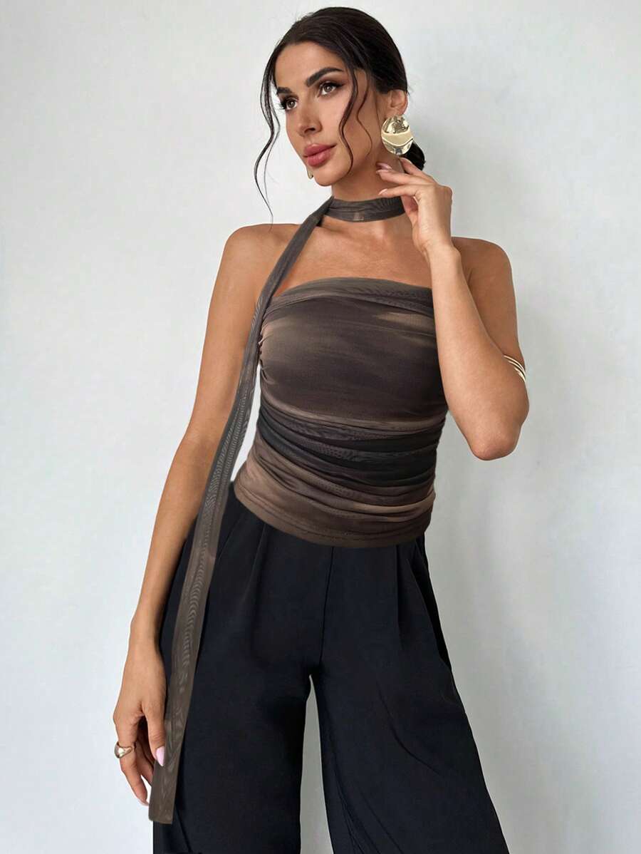 Firerie Women's Simple Elegant Fashion Sexy Romantic Tie-Dye Tie Dye Print Neck Tie Ruffle Tube Top,Rave Top - Chocolate Brown - View 1