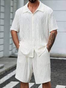 Manfinity Homme Plus Size Men's Geometric Texture Short Sleeve Shirt And Shorts Casual Suit Set - Khaki - View 1