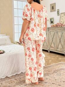 CottageSlumber Plus Size Romantic Rose Floral Puff Sleeve Pajama Set - Coral Orange - View 2