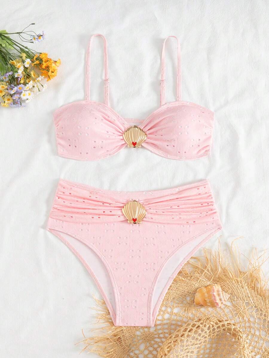 SHEIN Conjunto de Maiô Bikini Novo de Malha com Jacquard Vazado para Mulheres, Verão, Férias na Praia, com Decoração de Concha na Moda