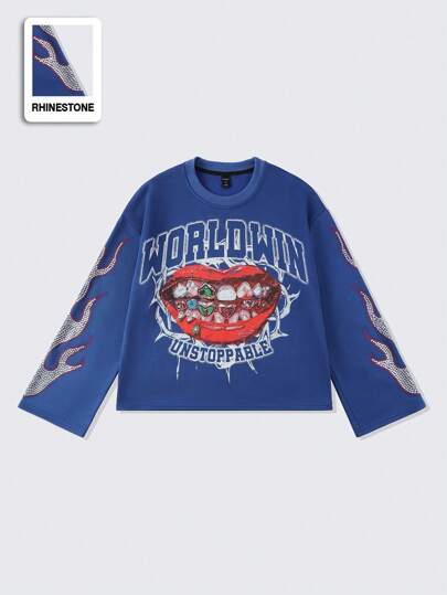 Street Life تي شيرت رجالي بطبعة بلورات كبيرة الحجم قصير الأكمام (صناعة يدوية لأكمام مرصعة باللهب)