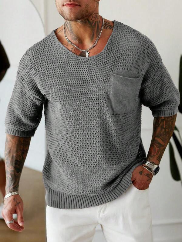 Manfinity CityGents Men's Casual Solid Color Knit Sweater Men Vacation Men Knit Tops Men Sweater Top