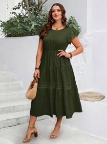 EMERY ROSE Plus Size Summer Casual Vacation Solid Color Lace Splice Cap Sleeve Maxi Dress - Army Green - View 3