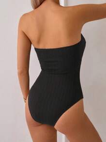 Summer Solid Color Backless Double Tunnel Drawstring Neck One Piece Swimsuit - Black - View 2