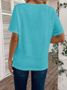 SHEIN LUNE Women Solid V-Neck Short Sleeve Casual Loose T-Shirt - Mint Blue - View 2
