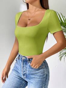 SHEIN PETITE 女士方领短袖休闲 T 恤紧身衣 - 綠色 - 查看 5