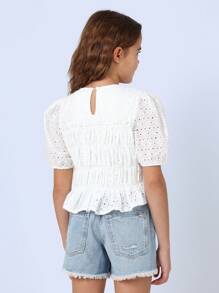 SUMWON Broderie Anglaise Puff Sleeve Blouse Summer Holiday Easter Vacation Smock Ruched Eyelet Short Sleeve Girls Top Button Back - White - View 2