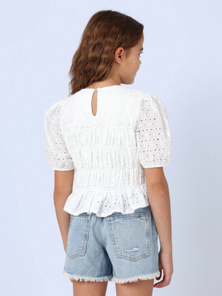 Broderie Anglaise Eyelet Puff Sleeve Smock Ruched Button Back Blouse