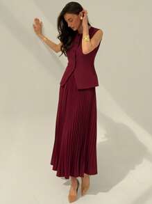 Aloruh Women's Solid Color Vest + Pleated A-Line Skirt Suit,Business Casual Woman In Fall/Winter - Red - View 7