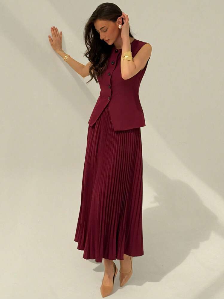 Aloruh Conjunto de Colete Sólido + Saia Plissada Evasê Feminino, Casual Empresarial para Outono/Inverno - Vermelho - Visão 7