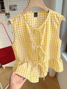 Comfortcana 格子系带无袖衬衫，大码，春夏 - 黃色 - 查看 3
