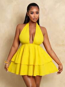 BamGleam 女士度假纯色深 V 领荷叶边下摆性感吊带连衣裙