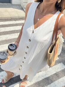 SHEIN LUNE Plus Size Solid Color Sleeveless Casual Vacation Summer White Dress - White - View 3