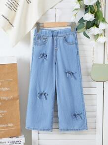 SHEIN Young Girl Y2K Vintage Blue Denim Bow Decor Loose Wide Leg Pants, Girl Fall Denim Jeans,Fall Back To School Cute - Baby Blue - View 1