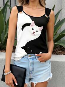 Women Cat Print Round Neck Casual Camisole