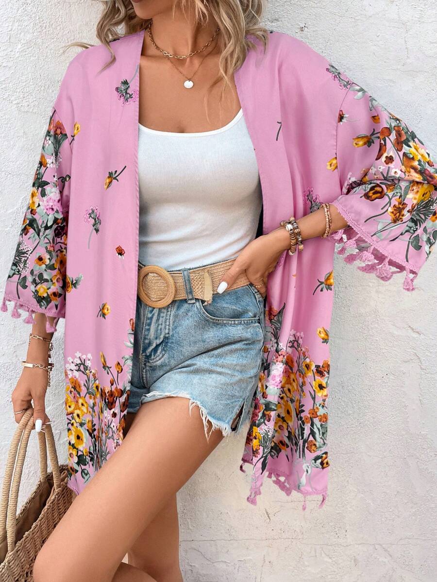 SHEIN VCAY Women's Floral Print Tassel Sleeve Kimono Robe Swimsuit Cover Up