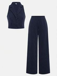 Girlism Teen Girls Back To School, Campus, Navy & White Striped Thin Blazer Top And Low Waist Suit Pants 2 Pieces Set