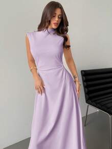 Firerie Elegant White Stand Collar Sleeveless Ruched A-Line Maxi Dress, Romantic Date & Commuting Casual Wear, Valentine's Day New Style - Violet Purple - View 5