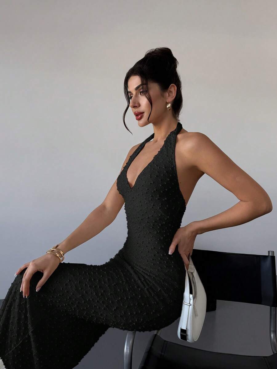 Firerie New Valentine's Day Elegant Romantic Slim Fit Ribbed Maxi Dress With V-Neck, Apricot Color, Fitted For Summer,Summer Dresses For Women ,Party Dress - Black - View 1