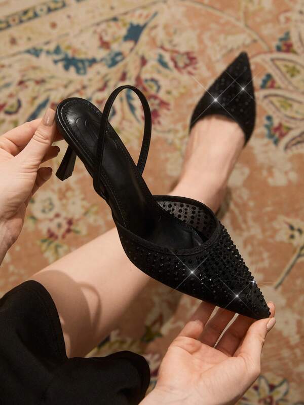 CUCCOO TILAWA Women's Fashion Black Mesh Rhinestone Back Strap Pointed Toe High Heels, Suitable For Commuting, Dating, Party, Wedding, Vacation