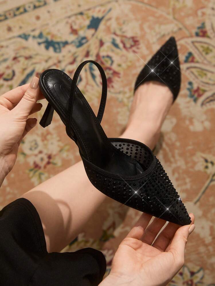 CUCCOO TILAWA Women's Fashion Black Mesh Rhinestone Back Strap Pointed Toe High Heels, Suitable For Commuting, Dating, Party, Wedding, Vacation For Christmas