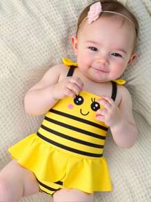 Newborn Baby Girl Cute Yellow Bee Ruffle One-Piece Swimsuit