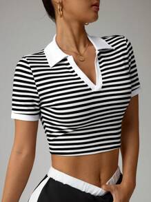 SHEIN Sports 夏季休闲条纹短袖短款运动 Polo T 恤 - 黑與白 - 查看 3