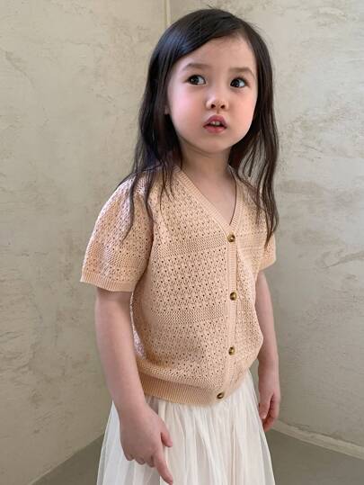 DAZY Young Girl Plain Color Short Sleeve Single-Breasted Hollow-Out Casual Knit Cardigan