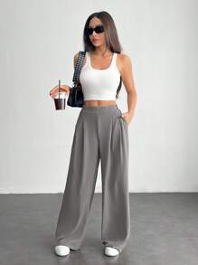 SHEIN PETITE Quần dài cơ bản đơn giản hàng ngày màu trơn dành cho nữ - Xám - Xem 4