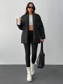 EURMUSE Manteau rembourré avec ceinture épaisse, poches, manteau d'hiver matelassé pour femme - Noir - Voir 6