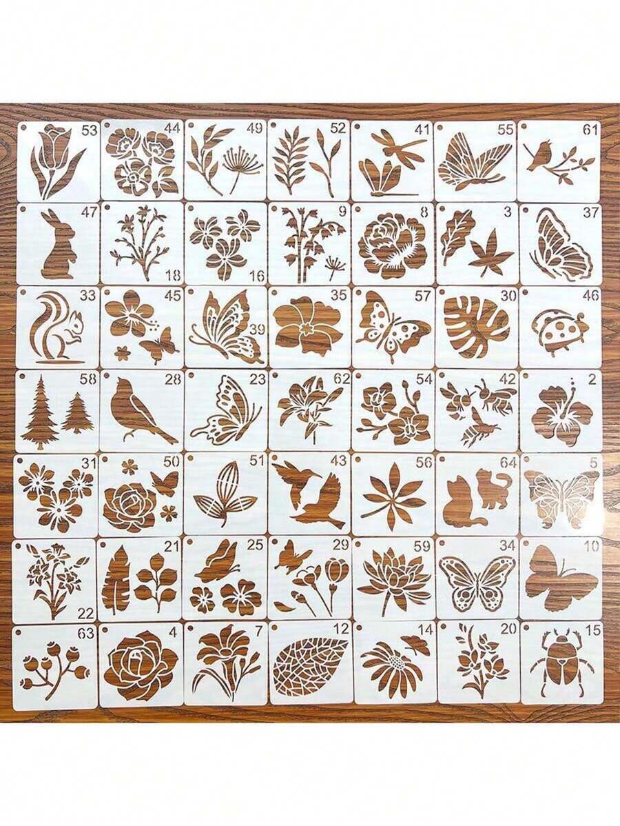 64 件绿岛花园花卉、植物和蝴蝶镂空绘画模板装饰相册绘画喷漆模板返校、返校、学校用品 - 套裝 - 查看 1