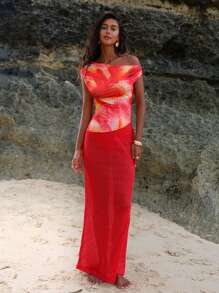 Opulessa Knitted Print Oblique Shoulder Fitted Cropped Women Shirt - Red - View 1