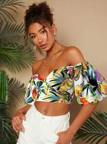 Travachic Áo kiểu ngắn tay phồng hở vai cho nữ, họa tiết nhiệt đới Oasis, thanh lịch cho lễ tốt nghiệp, thường ngày, trang nhã, dự tiệc prom. - màu xanh lá - Xem 4