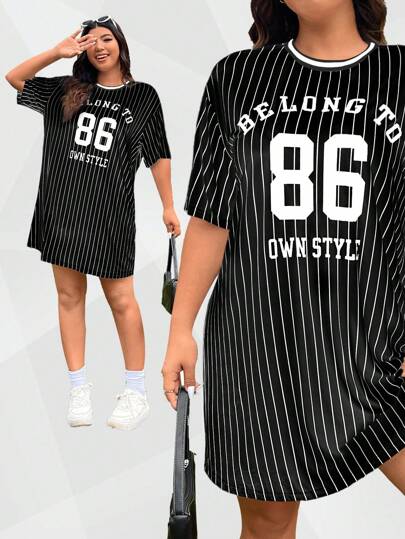 SHEIN EZwear Plus Size Loose Fitting Sports Logo Dress For Summer