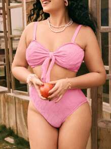 Swim Mod 1 Set Plus Size Women's Sweet Pink Tie-Front Bikini Swimwear - Pink - View 5